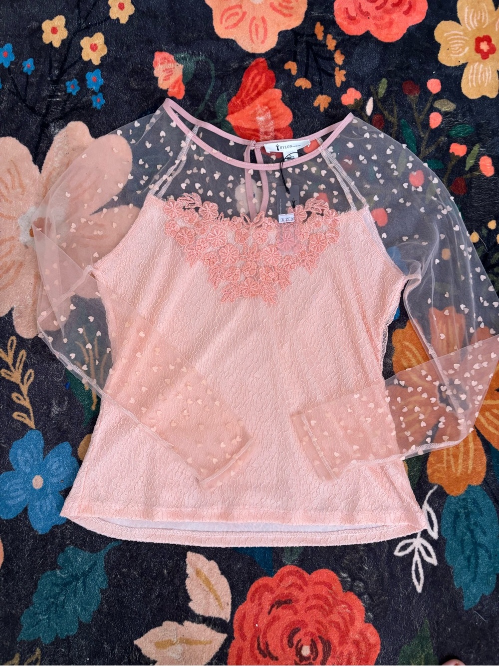 Women's Pink Lace & Sheer Sleeve Top
